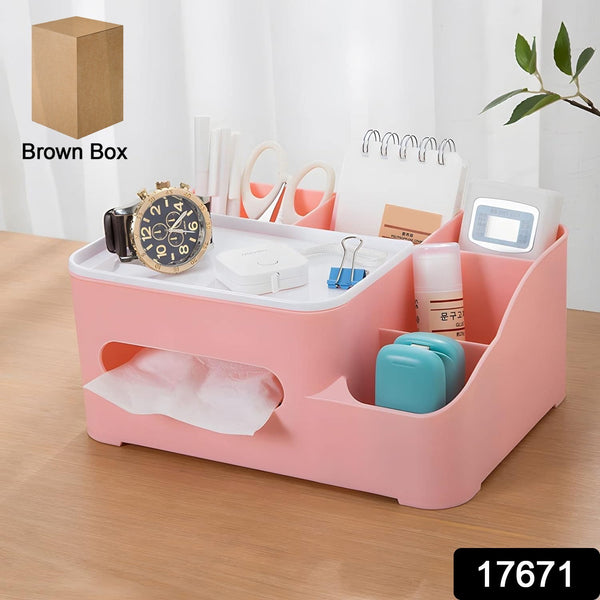 Multi-Function Desk Storage Organizer - 6-Compartment Tissue, Stationery, Remote & Phone Holder for Home & Office