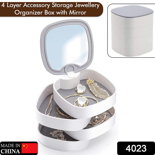 Jewelry organizer box - 4-layer 360° rotating design with mirror, multicolor storage for accessories and earrings.