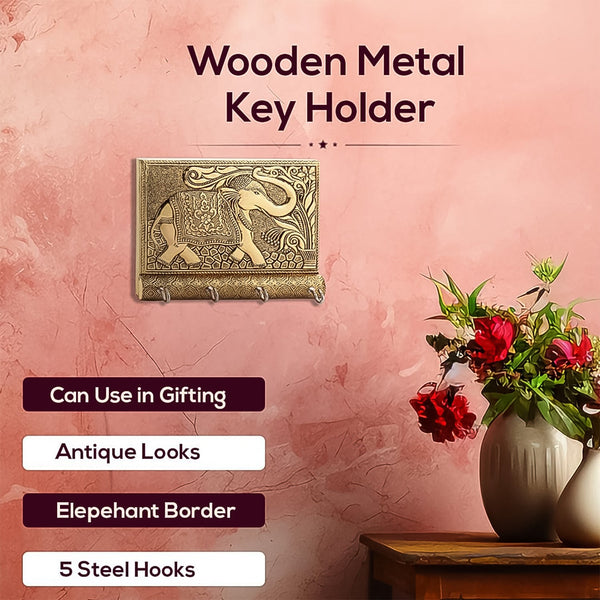 Wooden Key Holder for Home Decor – Stylish Metal Gold Antique Elephant Design (1 Pc)