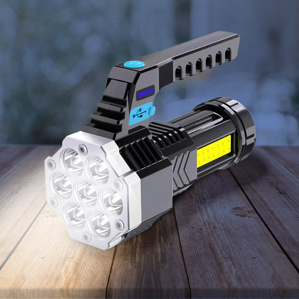 Portable USB Rechargeable COB 7-LED Flashlight – Handheld Torch with Side Light (1 Pc).