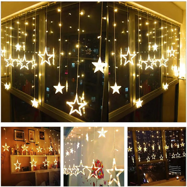 3385 12 Stars Led Curtain String Lights With 8 Flashing Modes For Home Decoration Diwali  Wedding Led Christmas Light Indoor And Outdoor Light Festival Decoration  (Warm White)