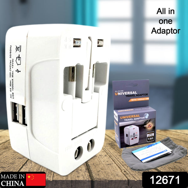 All-in-One Universal Travel AC Adapter Plug – Works with AU, UK, US, and EU outlets. Includes USB charging ports. Ideal for international travel.