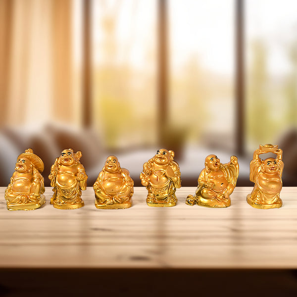 Golden Laughing Buddha Set – 6-Piece Statue Set for Happiness, Wealth, and Good Luck Decor, Symbolizing Wealth and Success (6 Pcs Set)